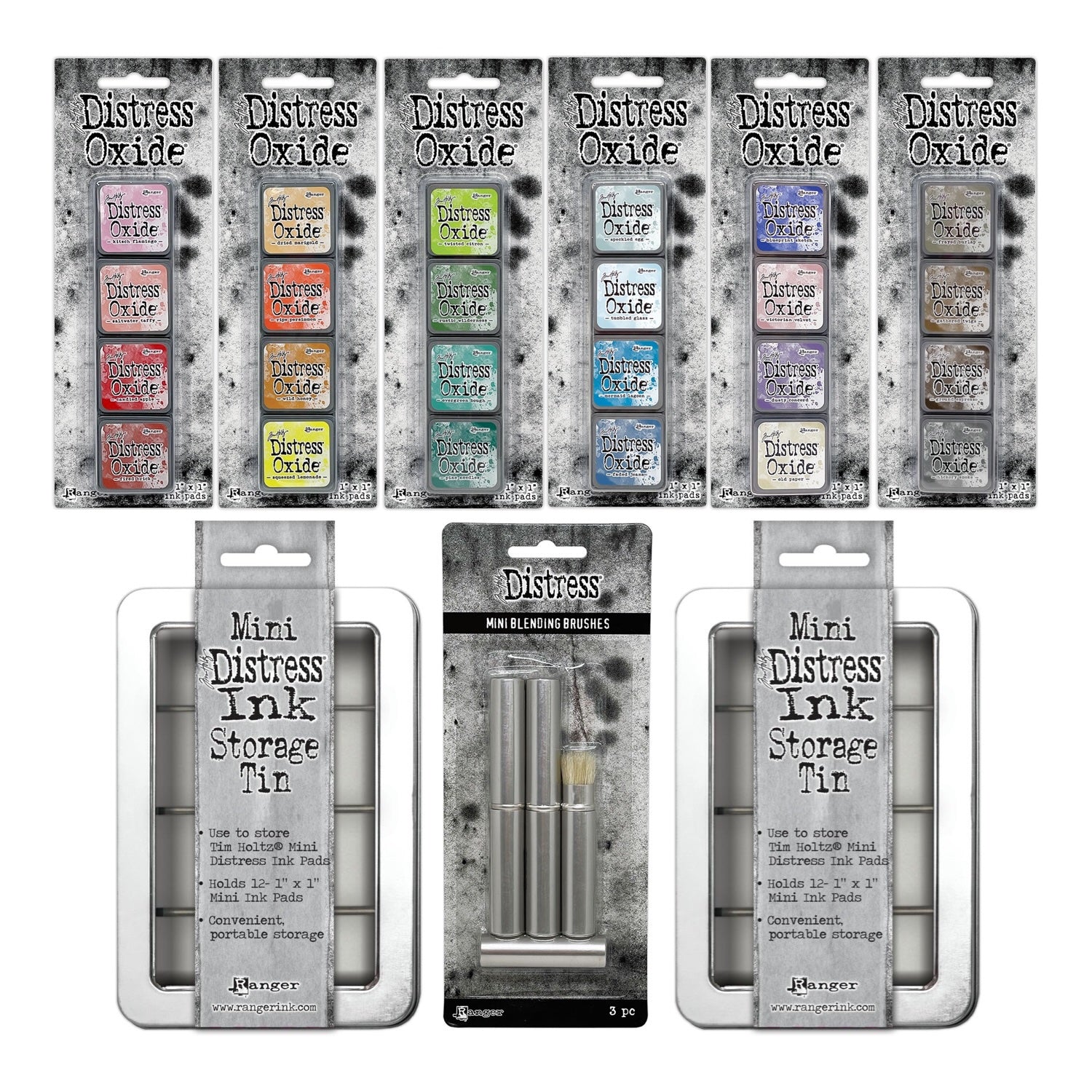 Tim Holtz Distress Mini Oxide Ink Pad Kits 7-12 Mini Blending Brushes And 2 Storage Tins Bundle