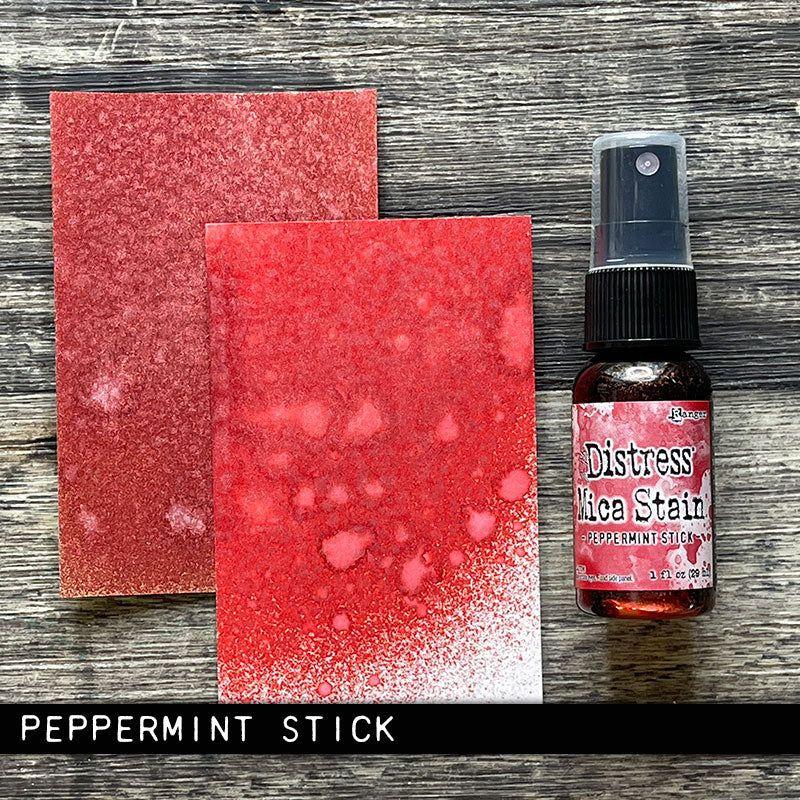 Tim Holtz Distress Peppermint Stick Mica Stain Ranger tsh87366 Swatches And Bottle Side by Side