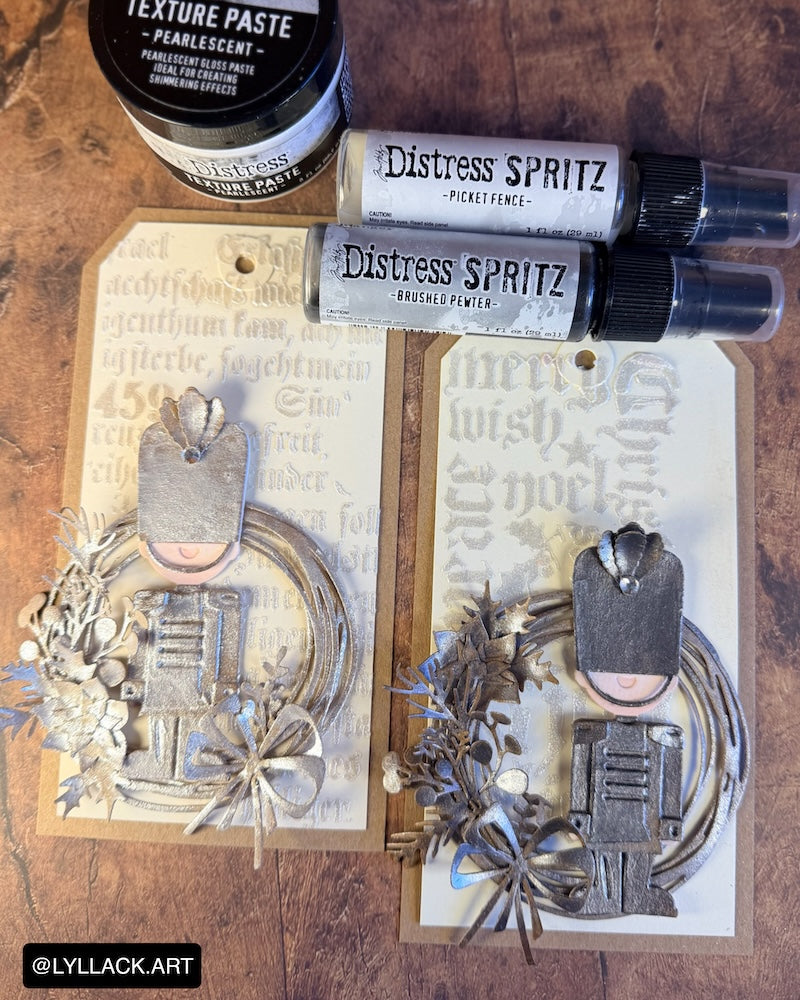 Tim Holtz Distress Seasonal 2026 I Want It All Bundle Lyllack Art Toy Soldier Tags in Picket Fence and Brushed Pewter