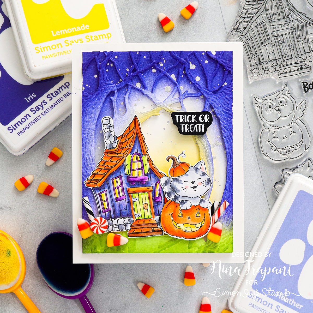 Tim Holtz Distress Spray Stain Brushed Pewter Ranger TSS42198 Cat Halloween Card | color-code:ALT01
