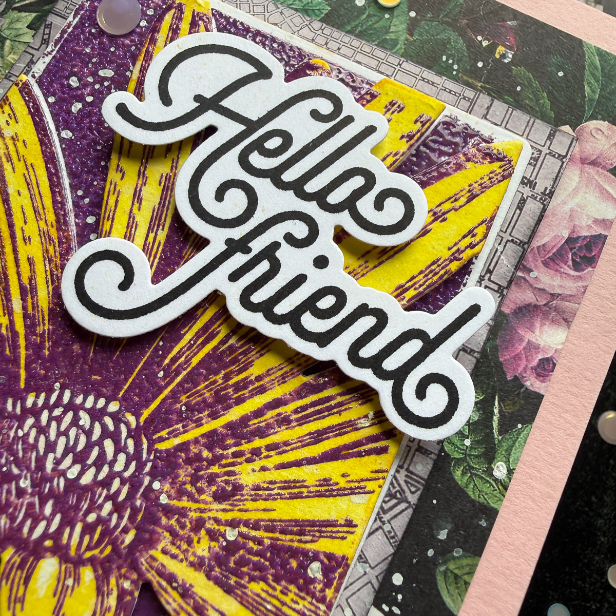 Tim Holtz Distress Spray Stain Squeezed Lemonade Ranger TSS42525 Bold Floral Hello Card | color-code:ALT07