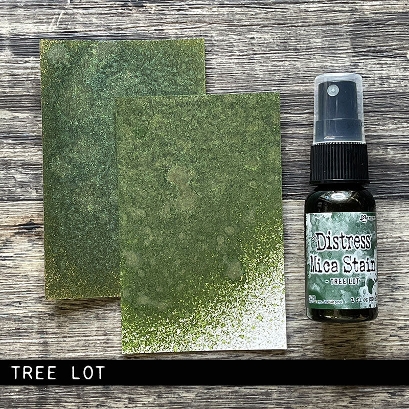 Tim Holtz Distress Tree Lot Mica Stain Ranger tsh87434 Swatches and Bottle Side by Side