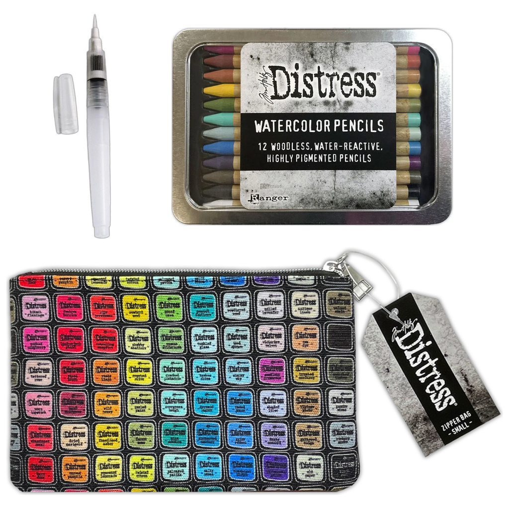 Tim Holtz Distress Watercolor Pencils 1 Waterbrush And 5x8 Zipper Bag Bundle