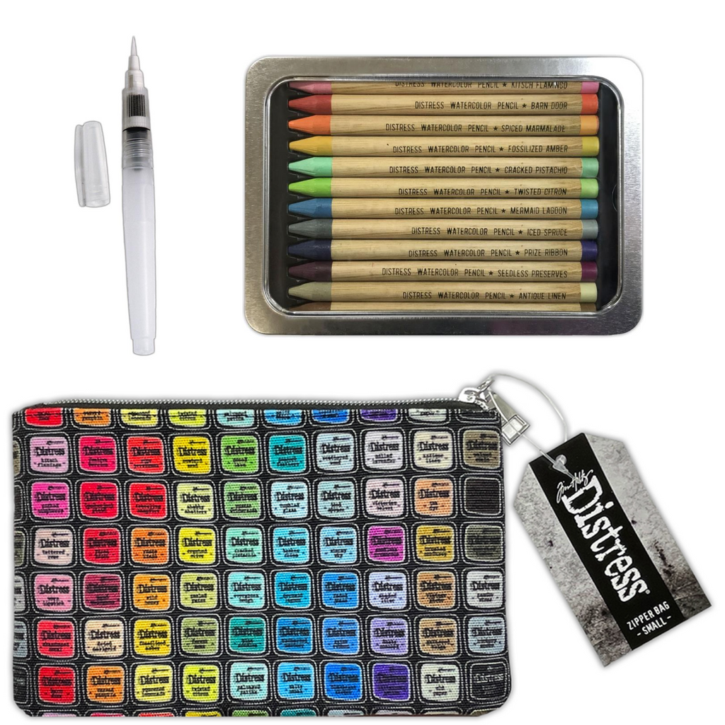 Tim Holtz Distress Watercolor Pencils 2 Waterbrush And 5x8 Zipper Bag Bundle Out of Pack