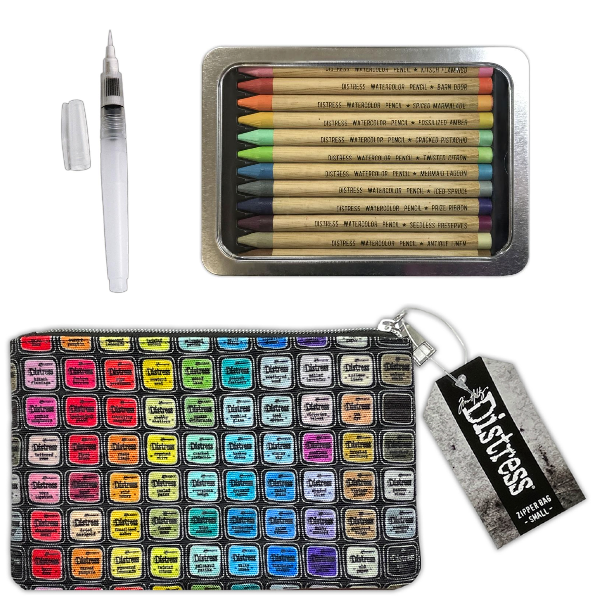 Tim Holtz Distress Watercolor Pencils 2 Waterbrush And 5x8 Zipper Bag Bundle Out of Pack