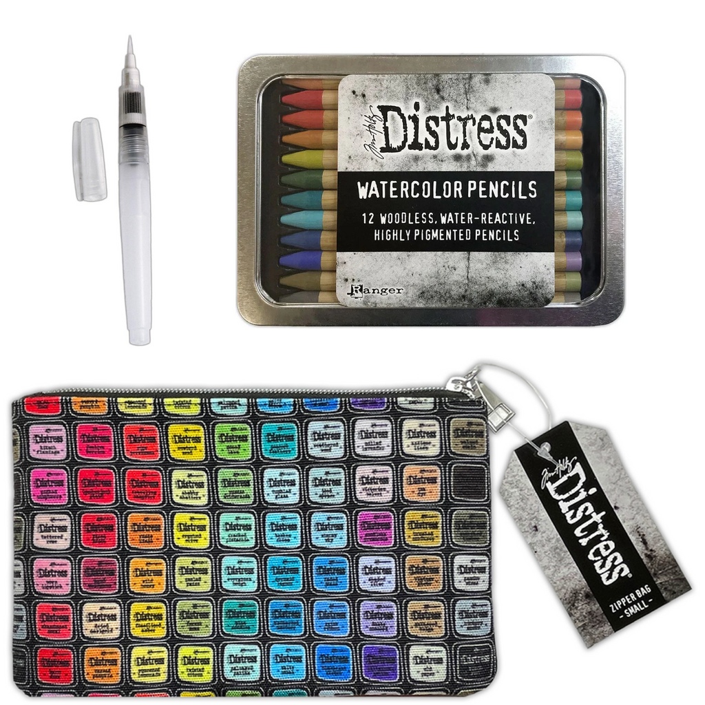 Tim Holtz Distress Watercolor Pencils 3 Waterbrush And 5x8 Zipper Bag Bundle