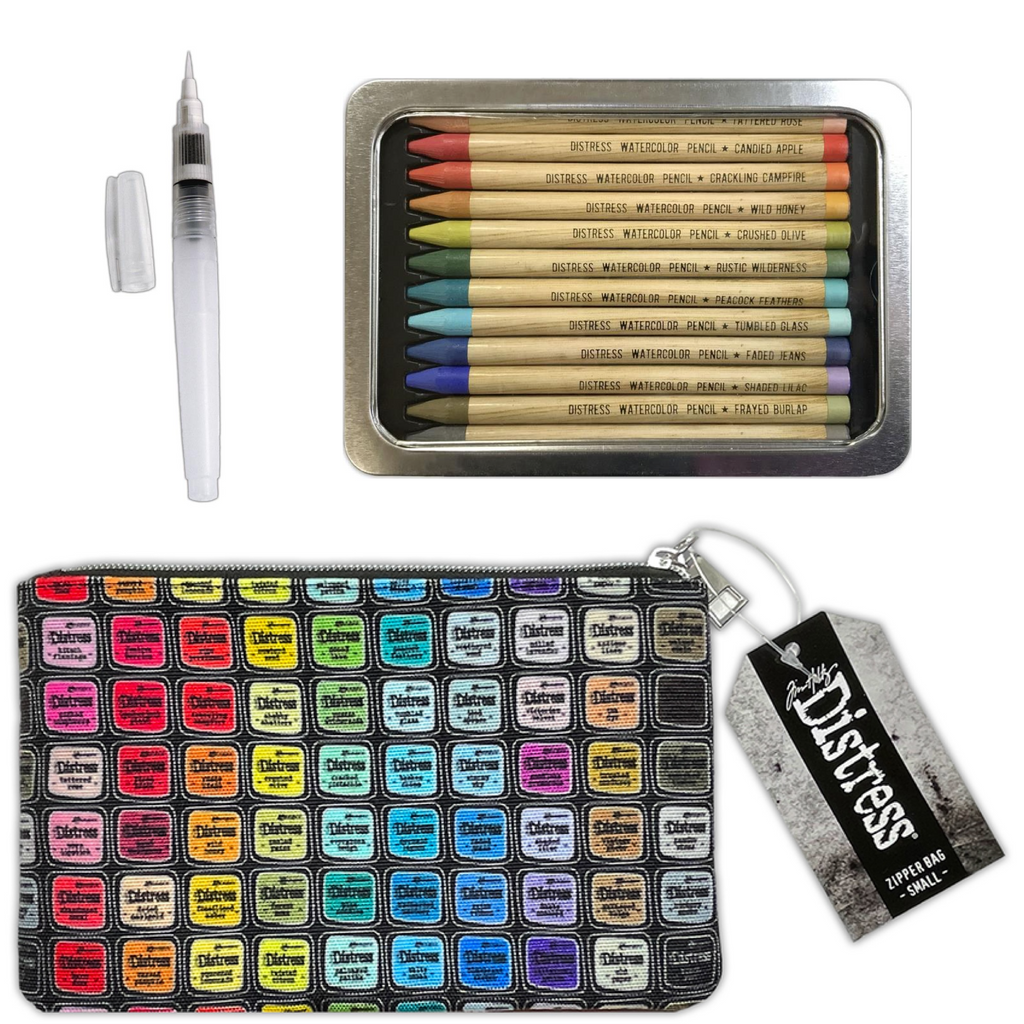 Tim Holtz Distress Watercolor Pencils 3 Waterbrush And 5x8 Zipper Bag Bundle Out of Pack