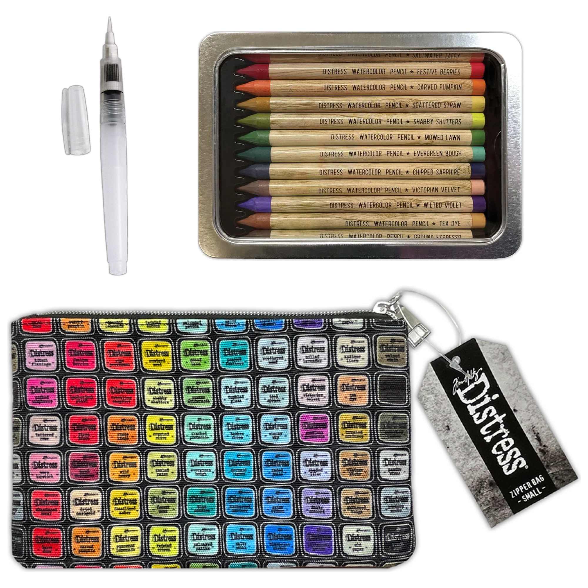 Tim Holtz Distress Watercolor Pencils 4 Waterbrush And 5x8 Zipper Bag Bundle Out of Pack