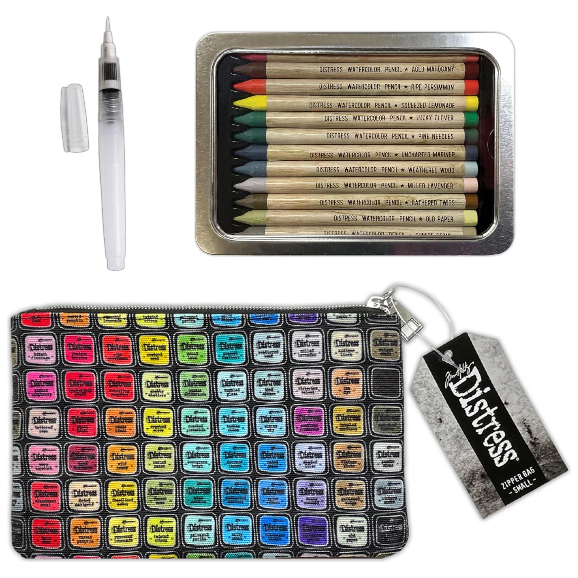 Tim Holtz Distress Watercolor Pencils 5 Waterbrush And 5x8 Zipper Bag Bundle Out of Pack