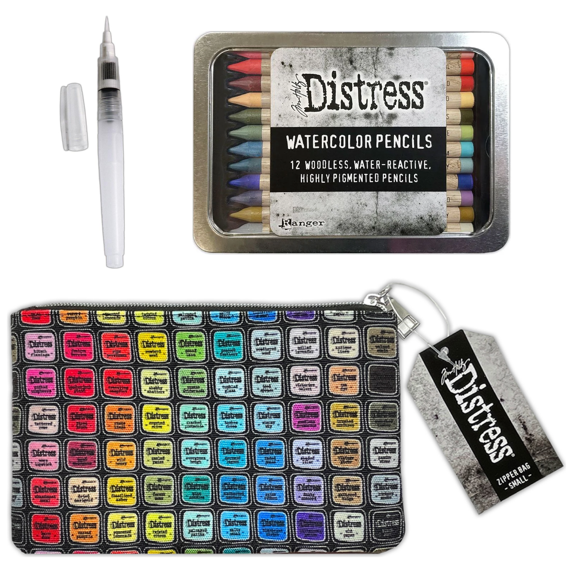 Tim Holtz Distress Watercolor Pencils 6 Waterbrush And 5x8 Zipper Bag Bundle
