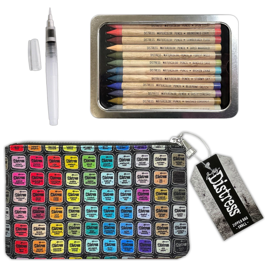 Tim Holtz Distress Watercolor Pencils 6 Waterbrush And 5x8 Zipper Bag Bundle Out of Pack