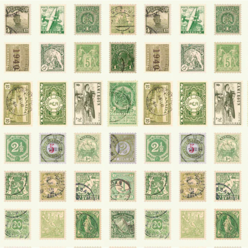  Tim Holtz Fabric By The Yard Green Stamps pwth261 Eclectic Elements Palette  close up 1940 mail