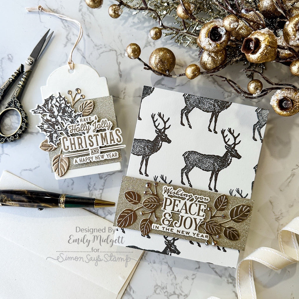 Tim Holtz Festive Overlay Stamps with Simon Says Stamp Dies Bundle setfo26 Emily Midgett Neutral Christmas Gift Tag and Card