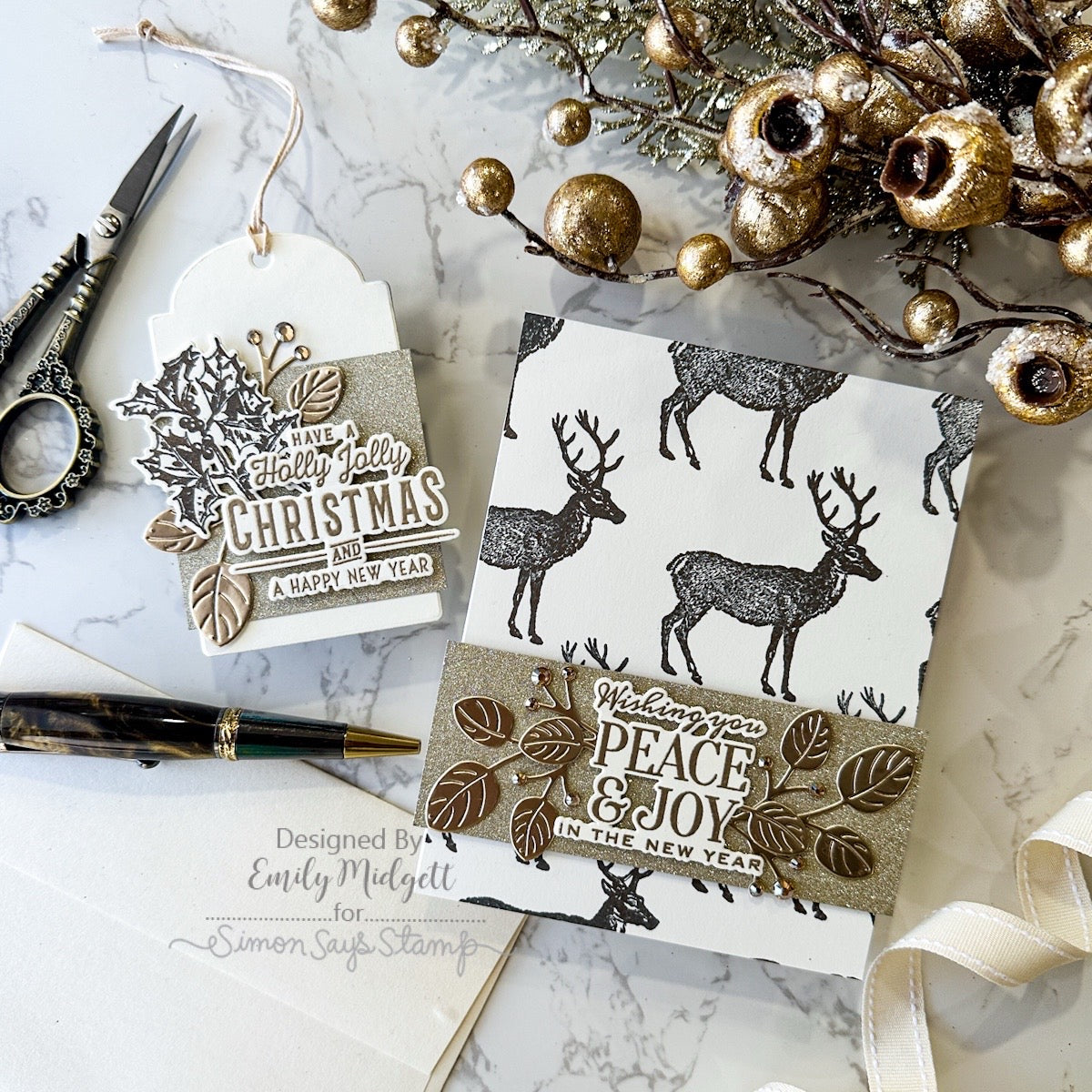 Tim Holtz Festive Overlay Stamps with Simon Says Stamp Dies Bundle setfo26 Emily Midgett Neutral Christmas Gift Tag and Card
