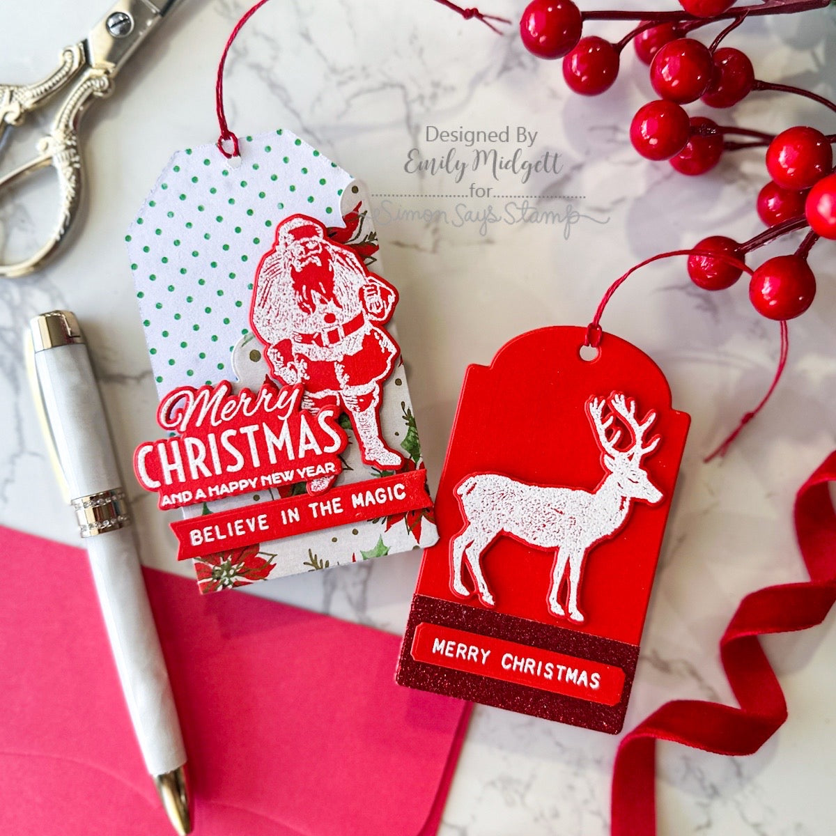 Tim Holtz Festive Overlay Stamps with Simon Says Stamp Dies Bundle setfo26 Emily Midgett Red Christmas Gift Tags