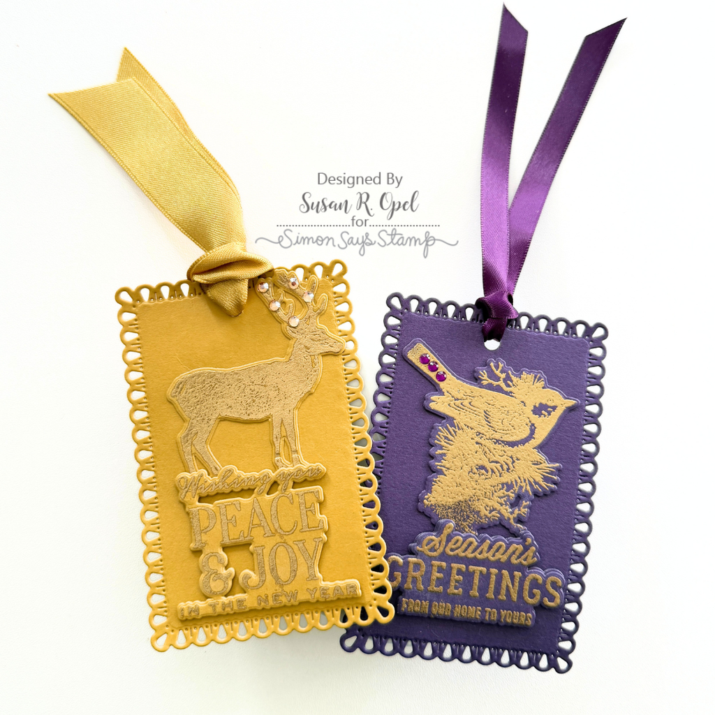 Tim Holtz Festive Overlay Stamps with Simon Says Stamp Dies Bundle setfo26 Susan R. Opel Jewel-Toned Holiday Gift Tags