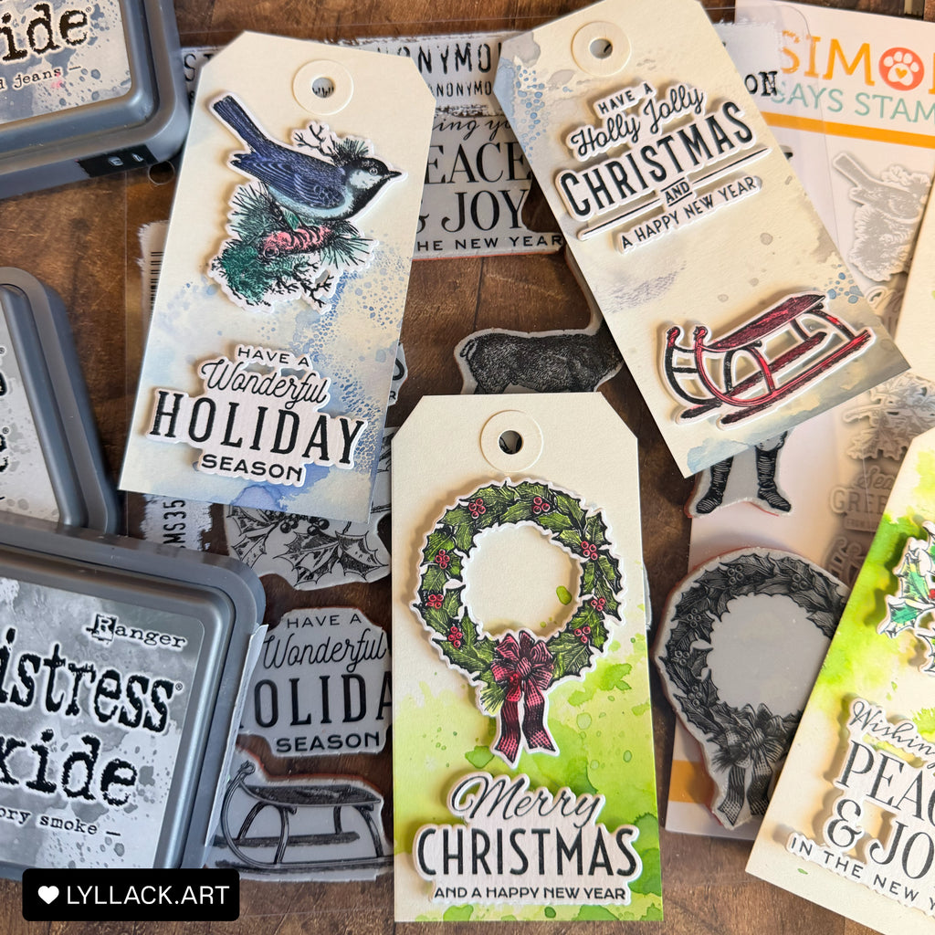 Tim Holtz Festive Overlay Stamps with Simon Says Stamp Dies Bundle setfo26 Thais Carvalho Vintage Christmas Gift Tags