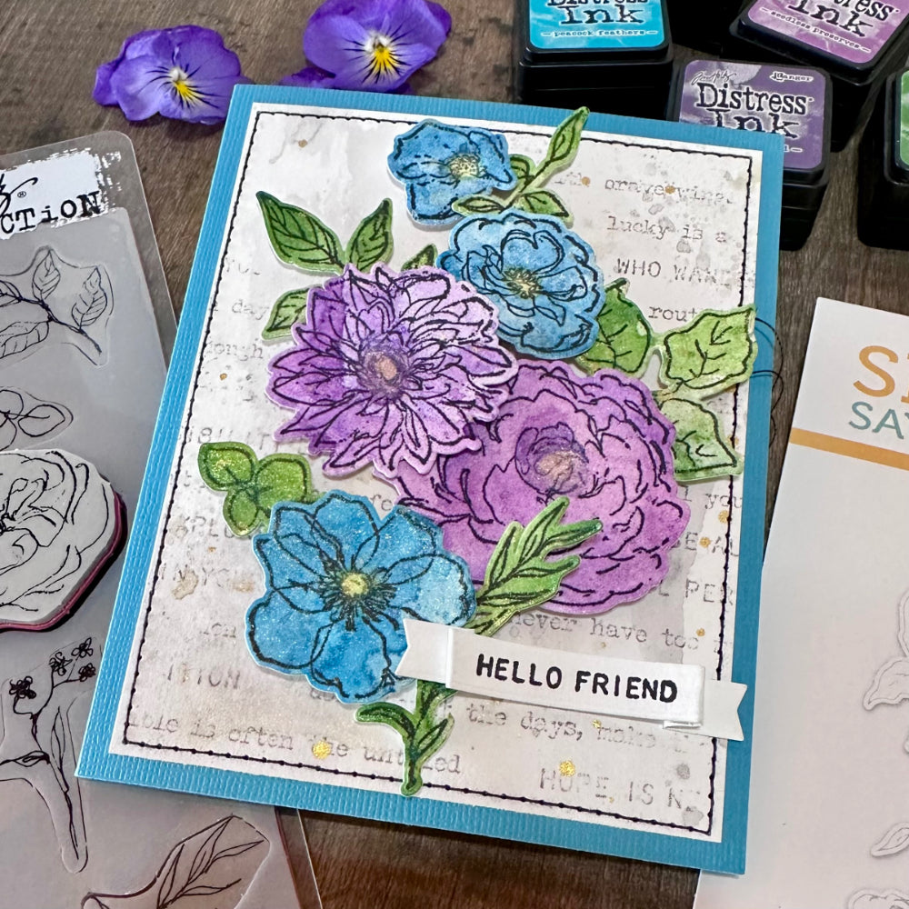 Tim Holtz Floral Elements Stamps with Simon Says Stamp Dies Bundle setfe26 Blue and Purple Flowers Friend Card Richele Christensen
