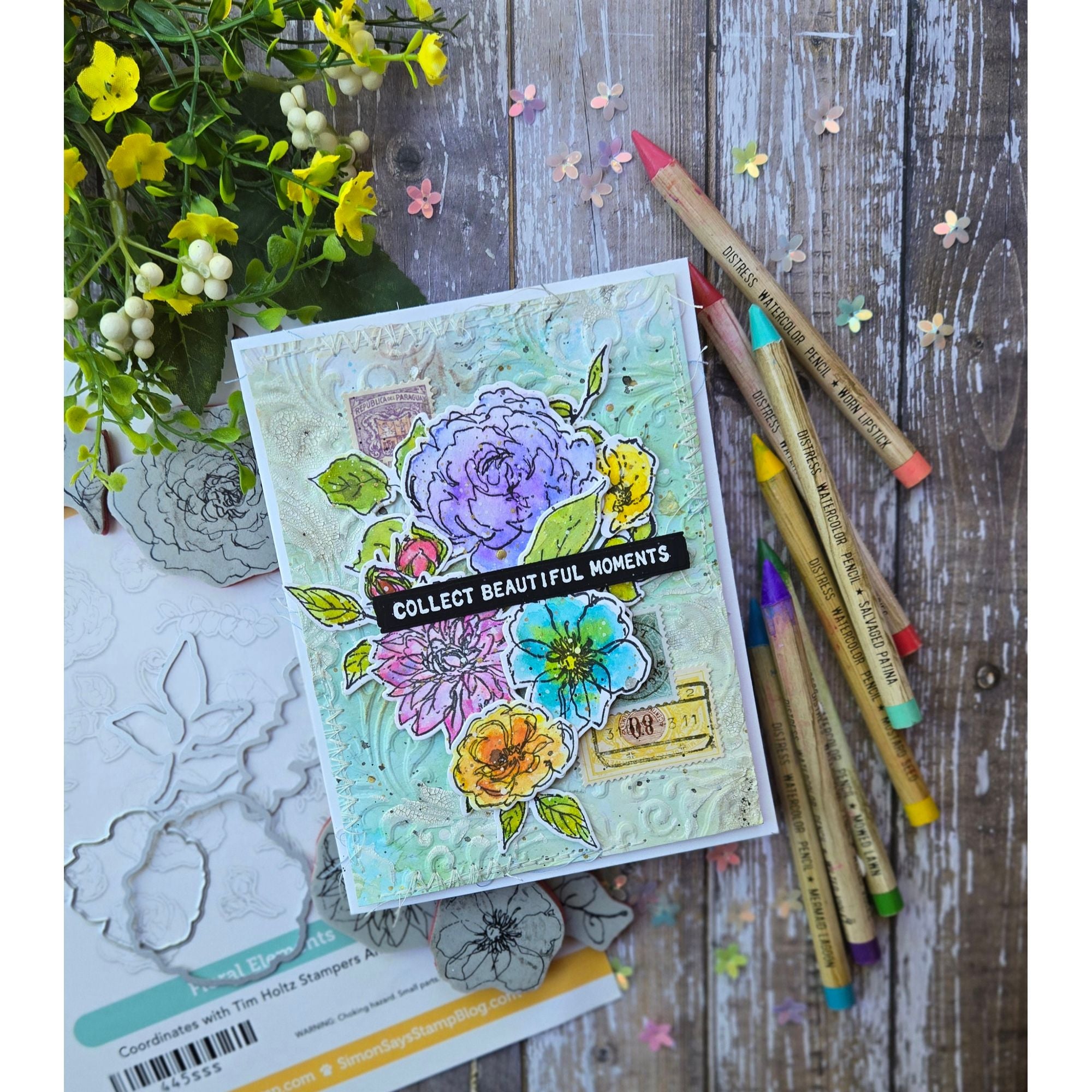 Tim Holtz Floral Elements Stamps with Simon Says Stamp Dies Bundle setfe26 Colorful Flowers Card Kulbir Kirkland