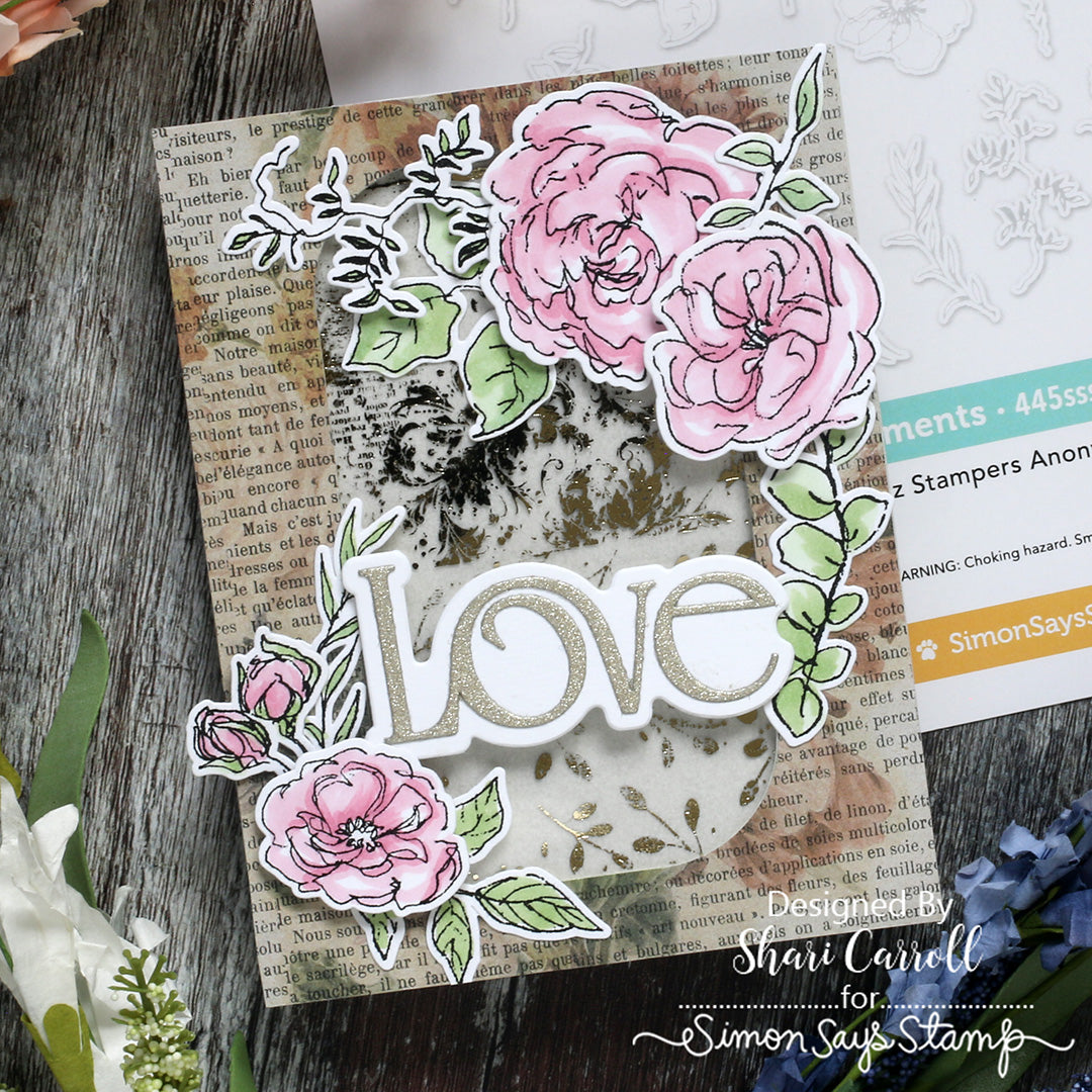 Tim Holtz Floral Elements Stamps with Simon Says Stamp Dies Bundle setfe26 Pink Flowers Love Card Shari Carroll