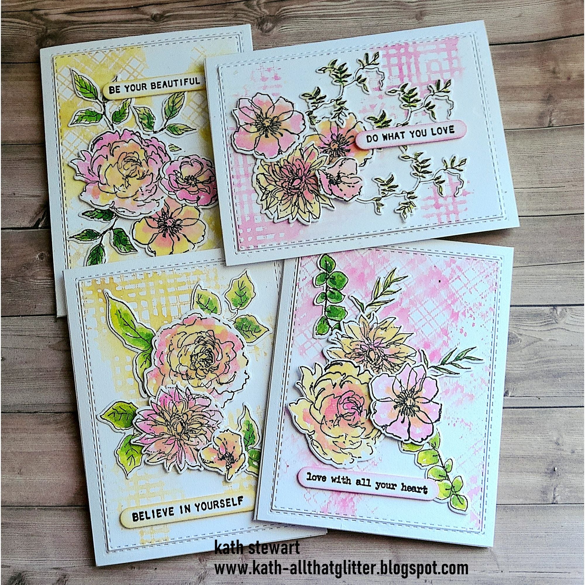 Tim Holtz Floral Elements Stamps with Simon Says Stamp Dies Bundle setfe26 Soft Blushy Card Set Kath Stewart | color-code:ALT10