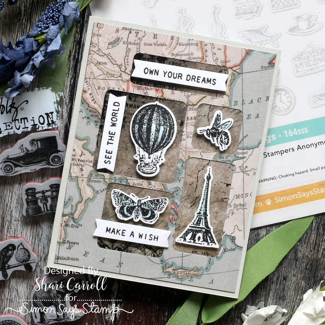 Tim Holtz I Want It All Tiny Text Stamps And Dies Bundle settext26 Shari Carroll Make a Wish Card