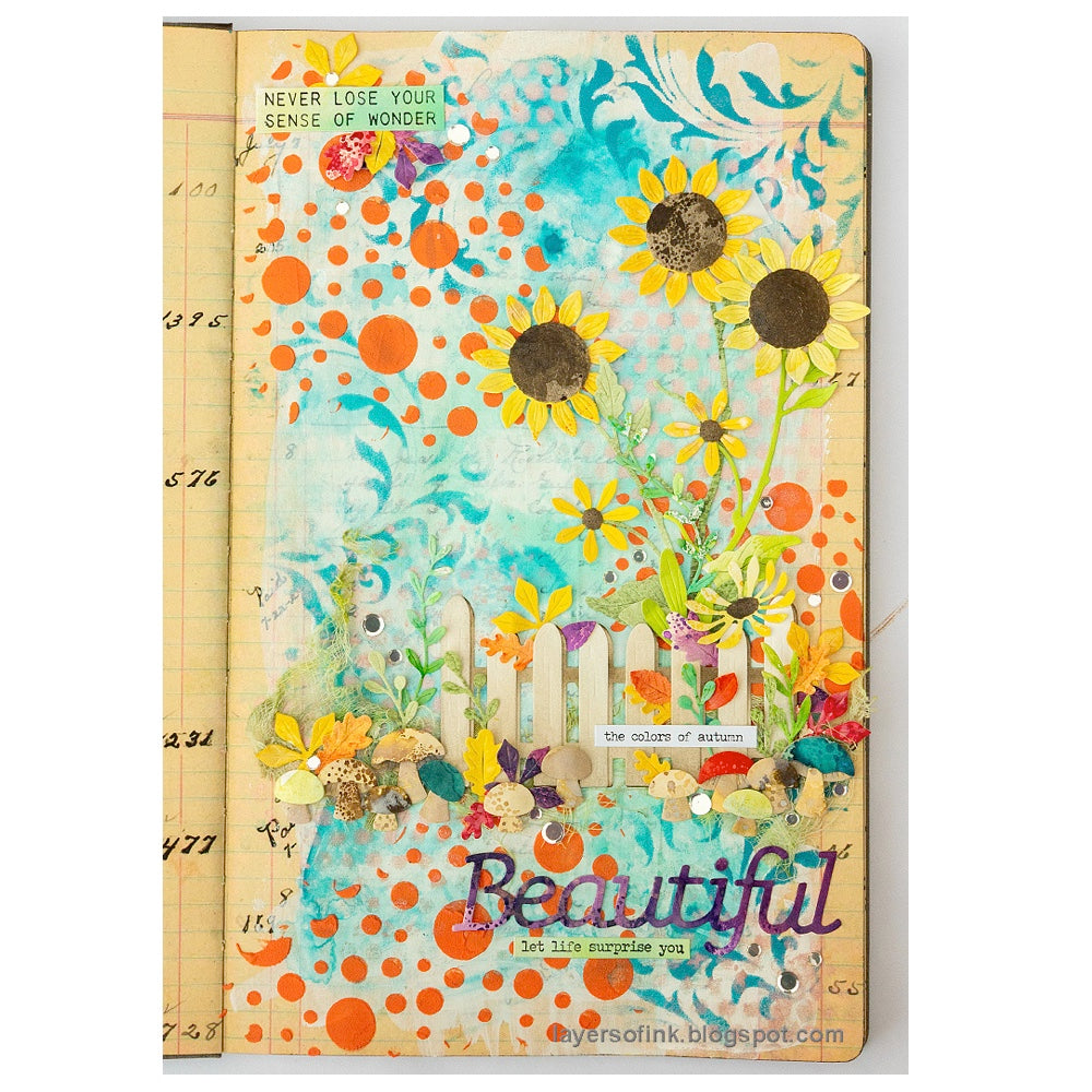 Tim Holtz Layering Stencil Bubble ths002 sunflowers  journal page