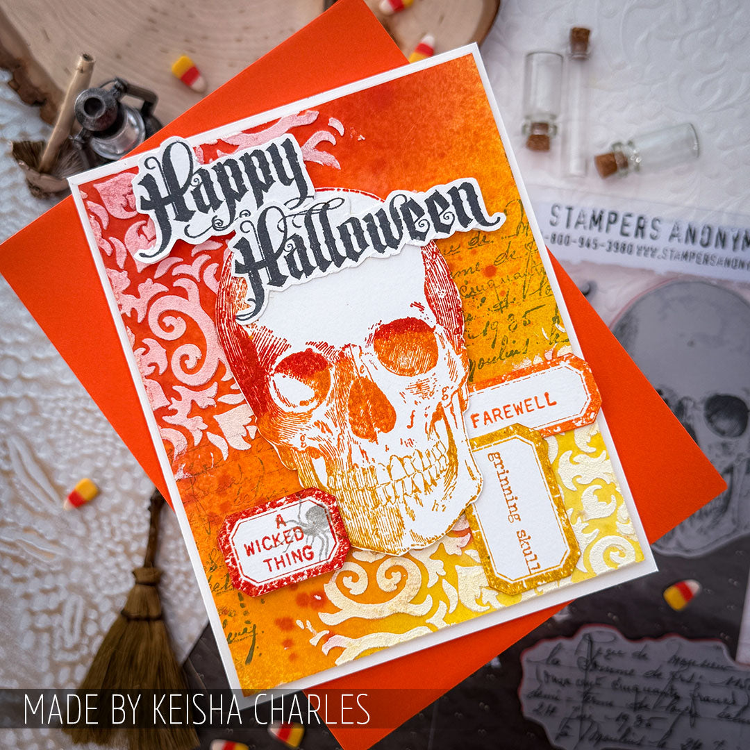 Tim Holtz Layering Stencil Flames ths091 orange happy halloween card keisha charles