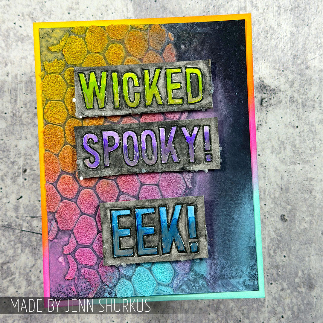 Tim Holtz Layering Stencil Hive ths105 bright colors background halloween card jenn shurkus