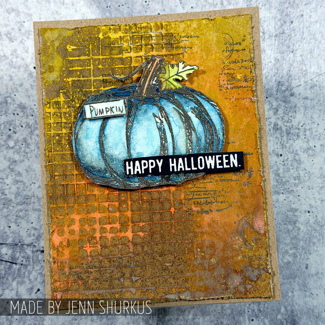 Tim Holtz Layering Stencil Linen ths061 blue pumpkin happy halloween card jenn shurkus