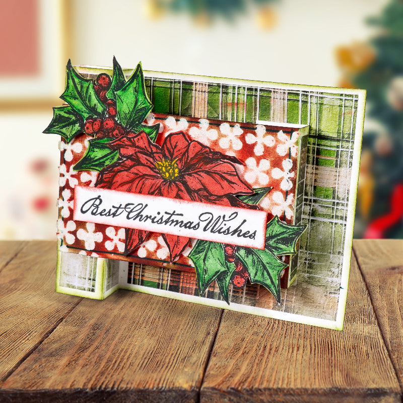 Tim Holtz Layering Stencil Retro Pinwheel ths191 best christmas wishes plaid background card dawn blomquist
