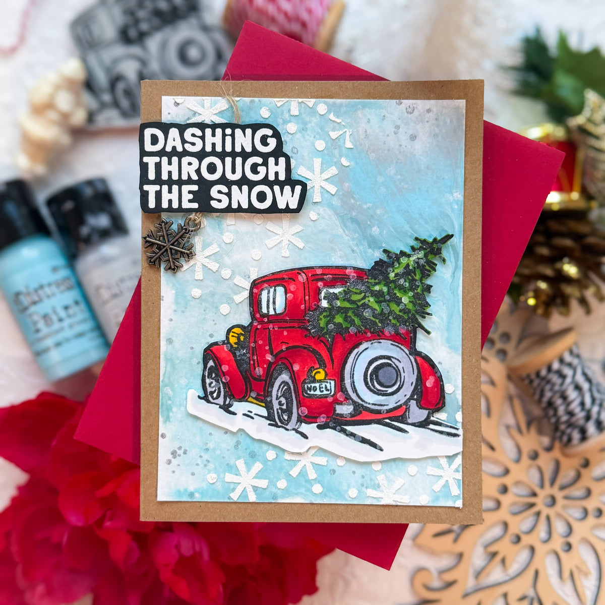 Tim Holtz Layering Stencil Retro Snowflake ths190 red truck christmas tree card keisha charles