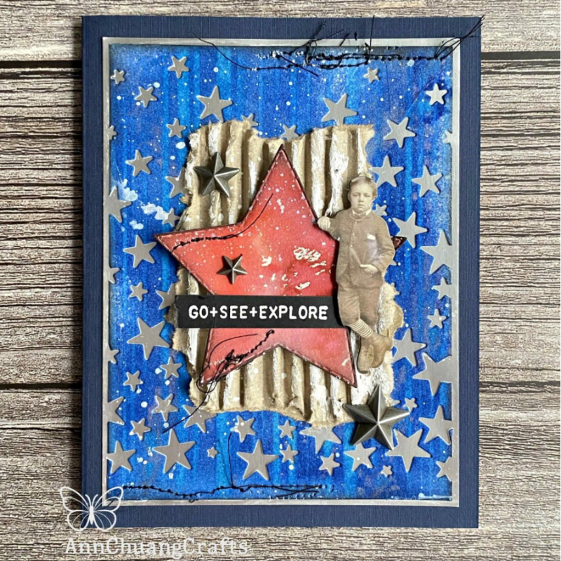 Tim Holtz Layering Stencil Stripes ths004 silver stars card ann chuang | color-code:ALT02