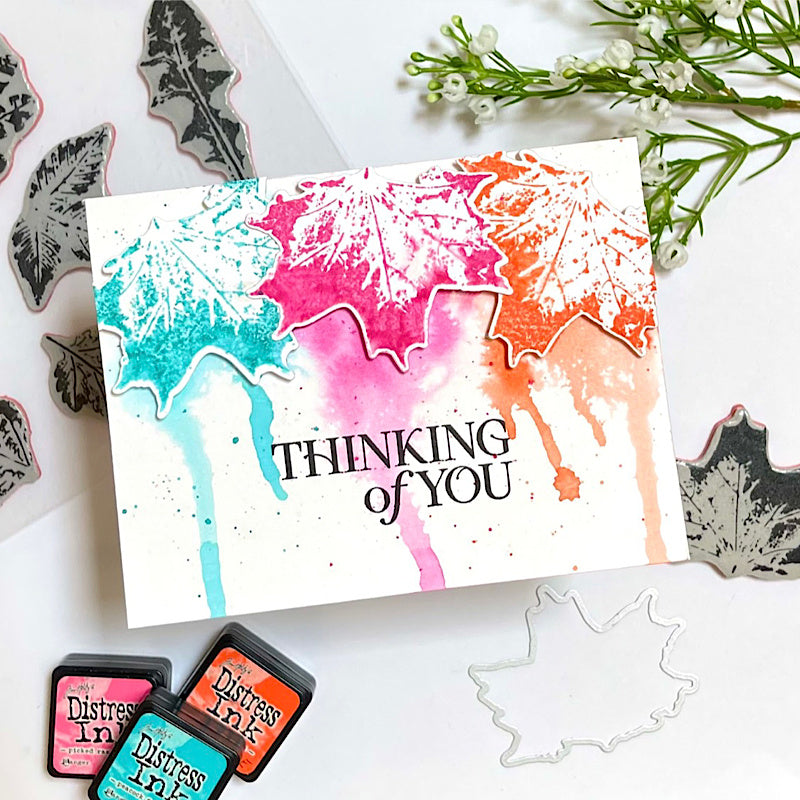 Tim Holtz Leaf Prints 2 Stamps with Simon Says Stamp Dies Bundle set2lp26 Barb Engler Drippy Thinking of You Card