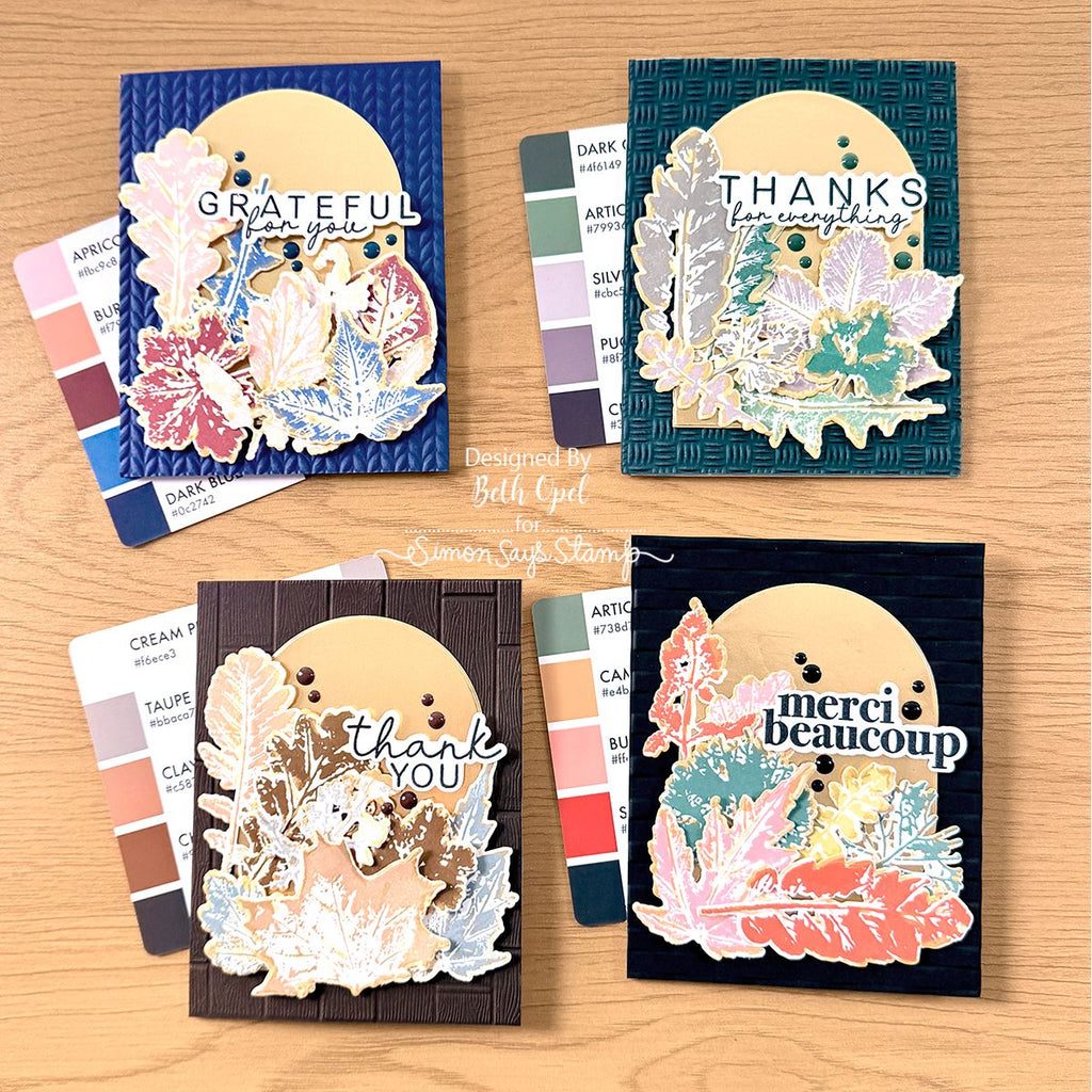 Tim Holtz Leaf Prints Stamps with Simon Says Stamp Dies Bundle setlp26 Beth Opel  Colorful Autumnal Thank You Card Set
