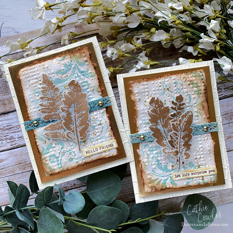 Tim Holtz Leaf Prints Stamps with Simon Says Stamp Dies Bundle setlp26 Cathie Cowles Textural Autumn Cards
