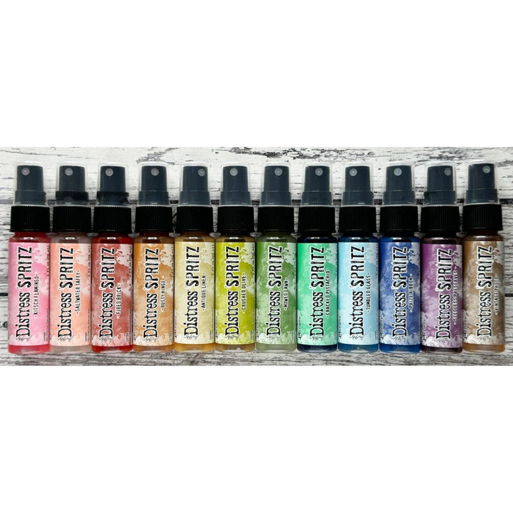 Tim Holtz Medium 6 x 10 Distress Zipper Bag And Distress Spritz Bundle 2 rainbow line up on woodgrain