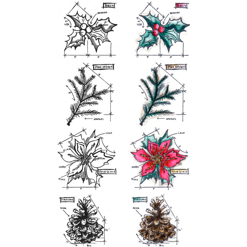 Tim Holtz Mini Blueprints Strip CHRISTMAS 4 Cling Rubber Stamps THMB020
