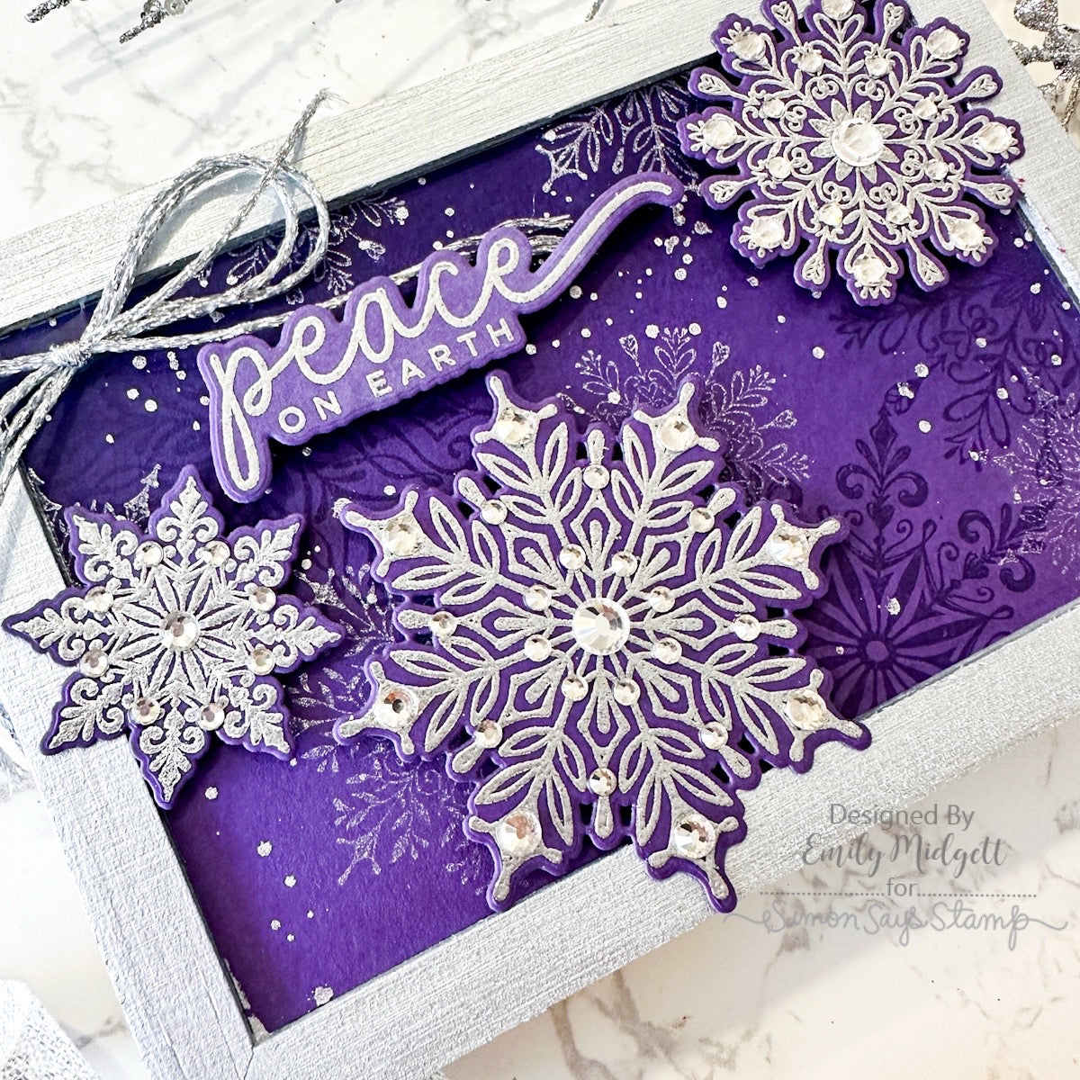 Tim Holtz Mini Swirly Snowflakes Stamps with Simon Says Stamp Dies Bundle setmf26 Emily Midgett Purple Snowflakes Christmas Card