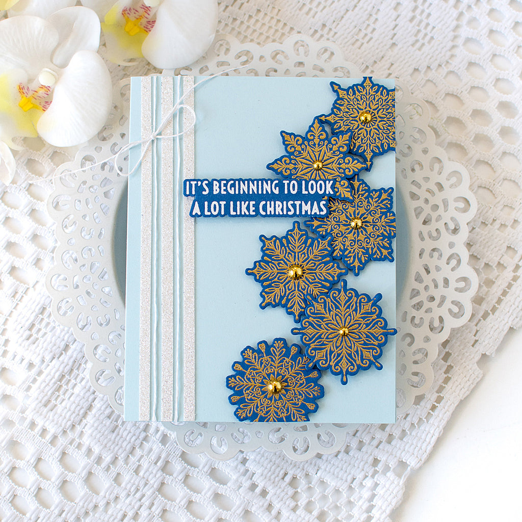 Tim Holtz Mini Swirly Snowflakes Stamps with Simon Says Stamp Dies Bundle setmf26 Heather Hoffman Blue Snowflakes Christmas Card