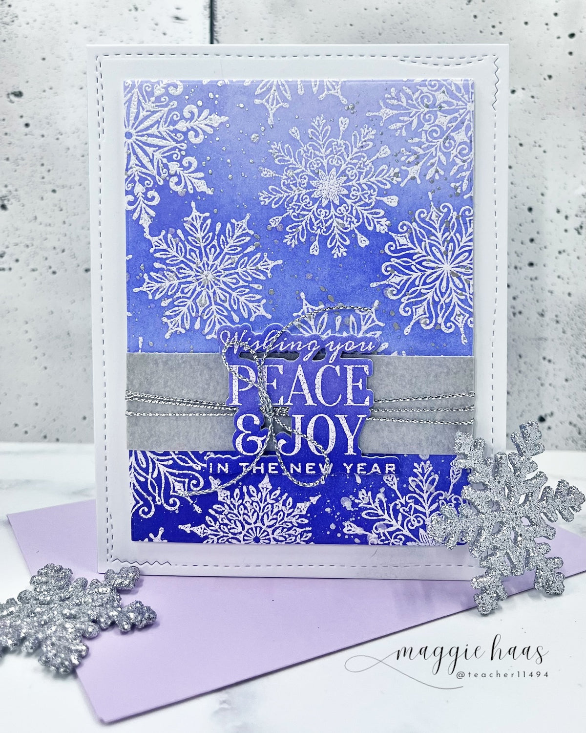 Tim Holtz Mini Swirly Snowflakes Stamps with Simon Says Stamp Dies Bundle setmf26 Maggie Haas Lavender Snowflakes Christmas Card