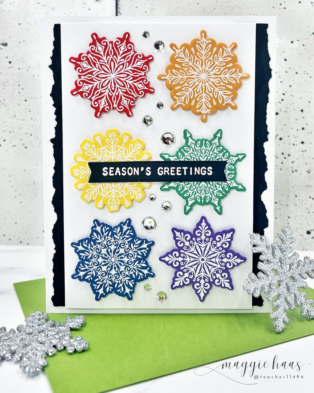 Tim Holtz Mini Swirly Snowflakes Stamps with Simon Says Stamp Dies Bundle setmf26 Maggie Haas Rainbow Snowflakes Christmas Card
