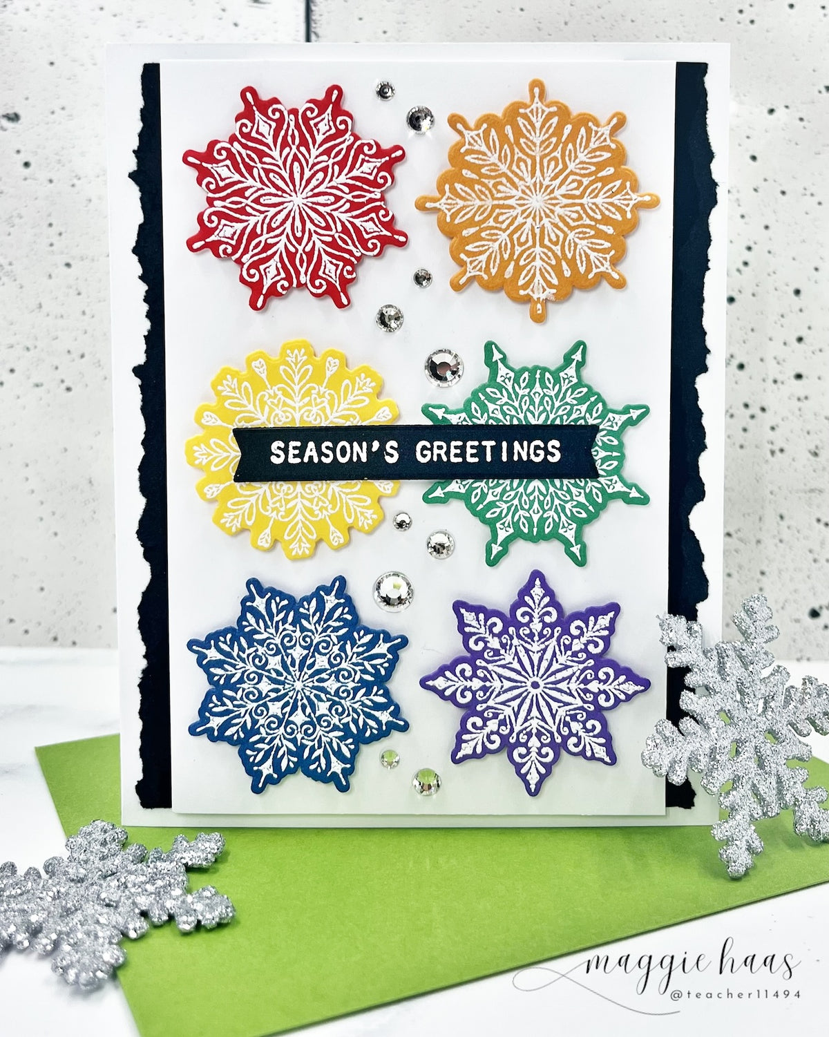 Tim Holtz Mini Swirly Snowflakes Stamps with Simon Says Stamp Dies Bundle setmf26 Maggie Haas Rainbow Snowflakes Christmas Card