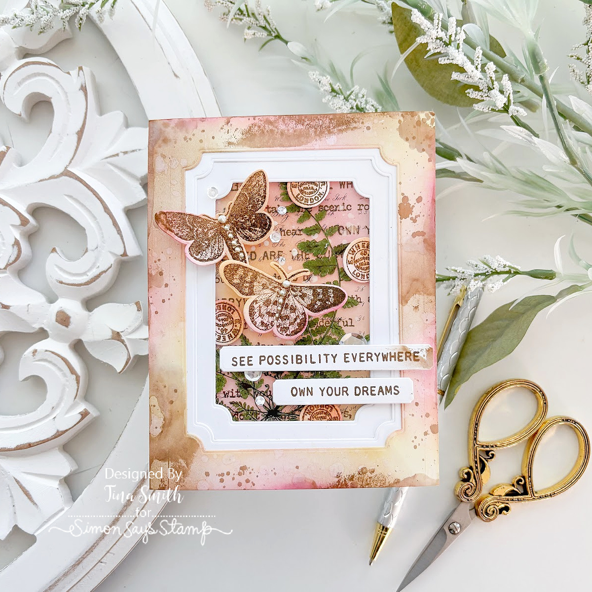 Tim Holtz Moth Study Stamps with Simon Says Stamp Dies Bundle setms26 Own Your Dreams Mixed Media Card Tina Smith | color-code:ALT10