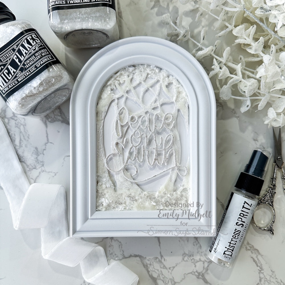 Tim Holtz Picket Fence And Metallics Distress Spritz Bundle Emily Midgett Peace on Earth Arched Frame