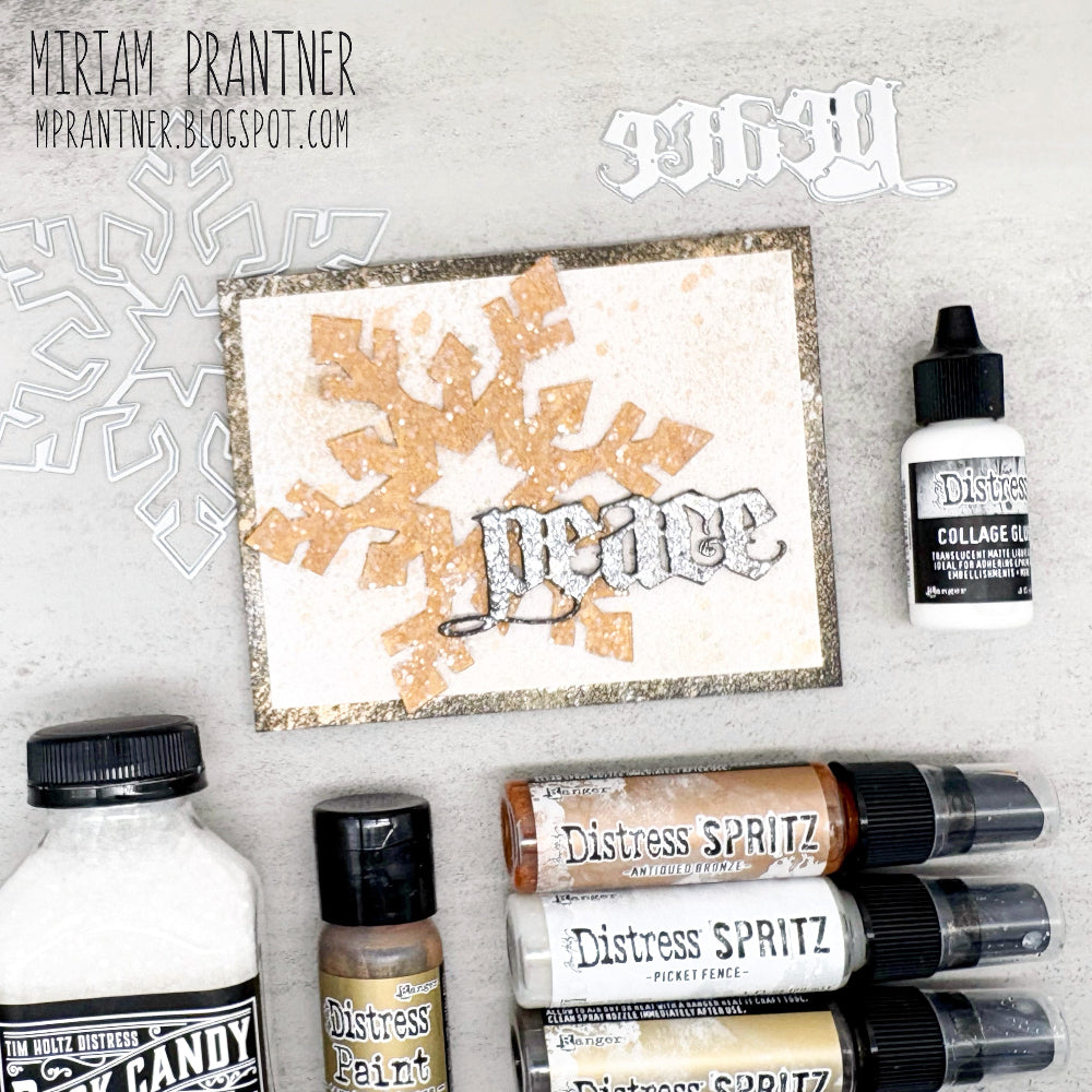 Tim Holtz Picket Fence And Metallics Distress Spritz Bundle Peace Snowflake Card by Miriam Prantner