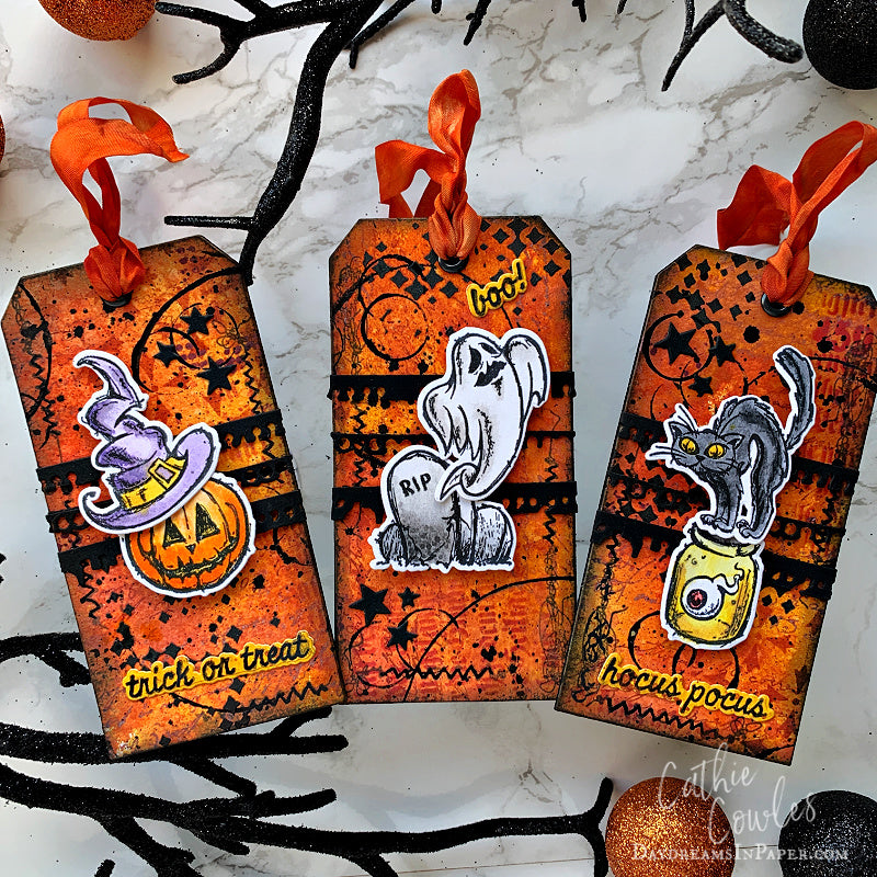 Tim Holtz Scared Silly Stamps with Simon Says Stamp Dies Bundle setss26 Cathie Cowles Cute Halloween Tags