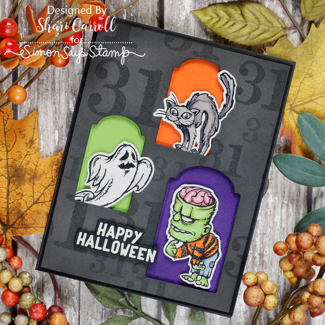 Tim Holtz Scared Silly Stamps with Simon Says Stamp Dies Bundle setss26 Shari Carroll Halloween Card 