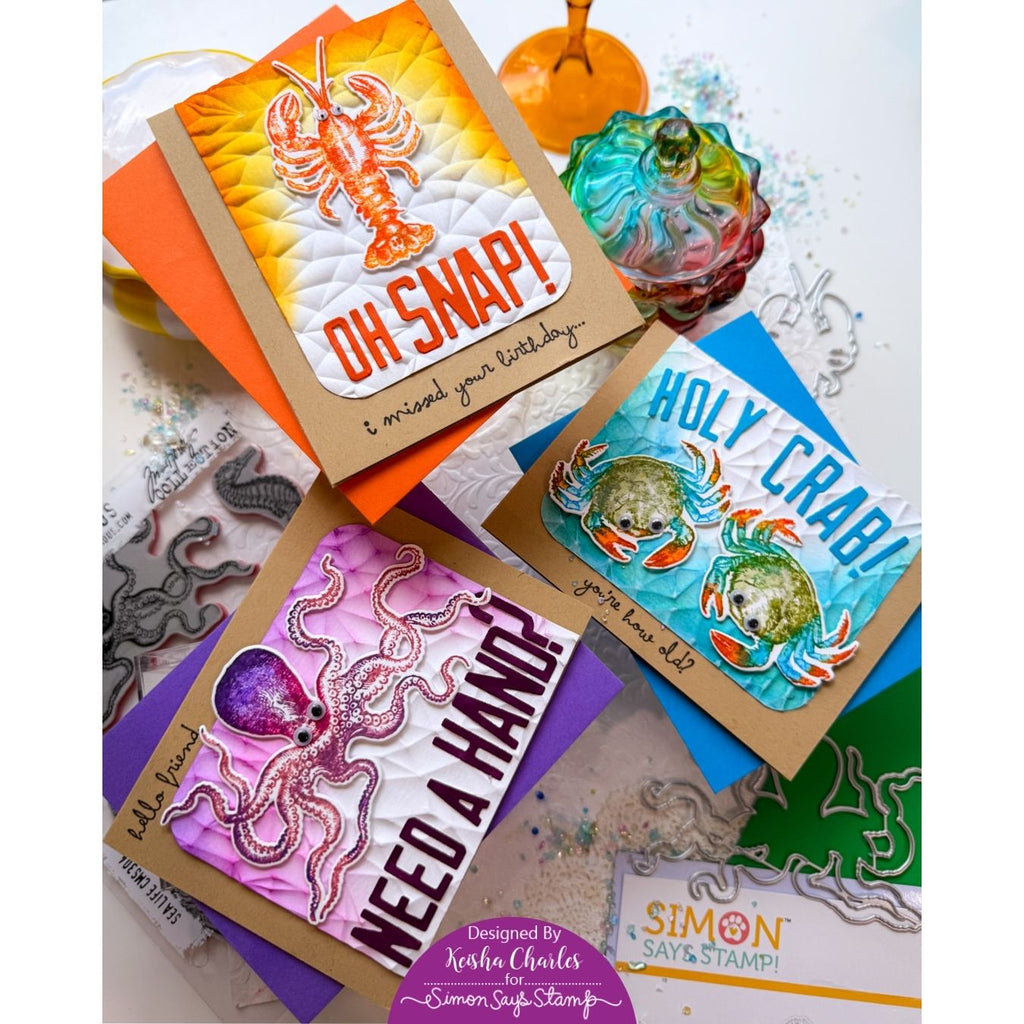 Tim Holtz Sea Life Stamps with Simon Says Stamp Dies Bundle setsl26 Keisha Charles Punny Ocean Creatures Cards