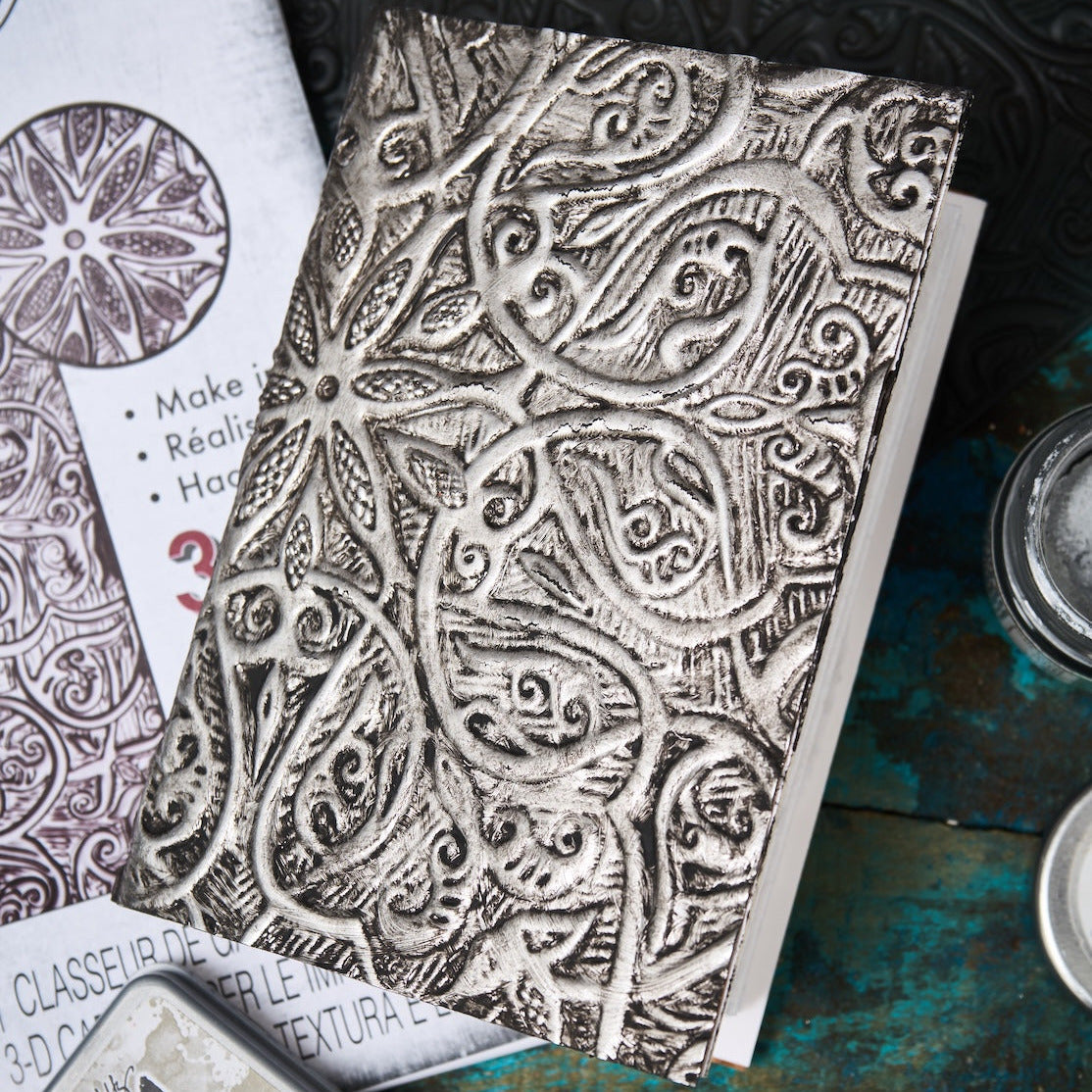 Tim Holtz Sizzix 3D Large A5 Embossing Folder Engraved and Embossing Pad Bundle silver